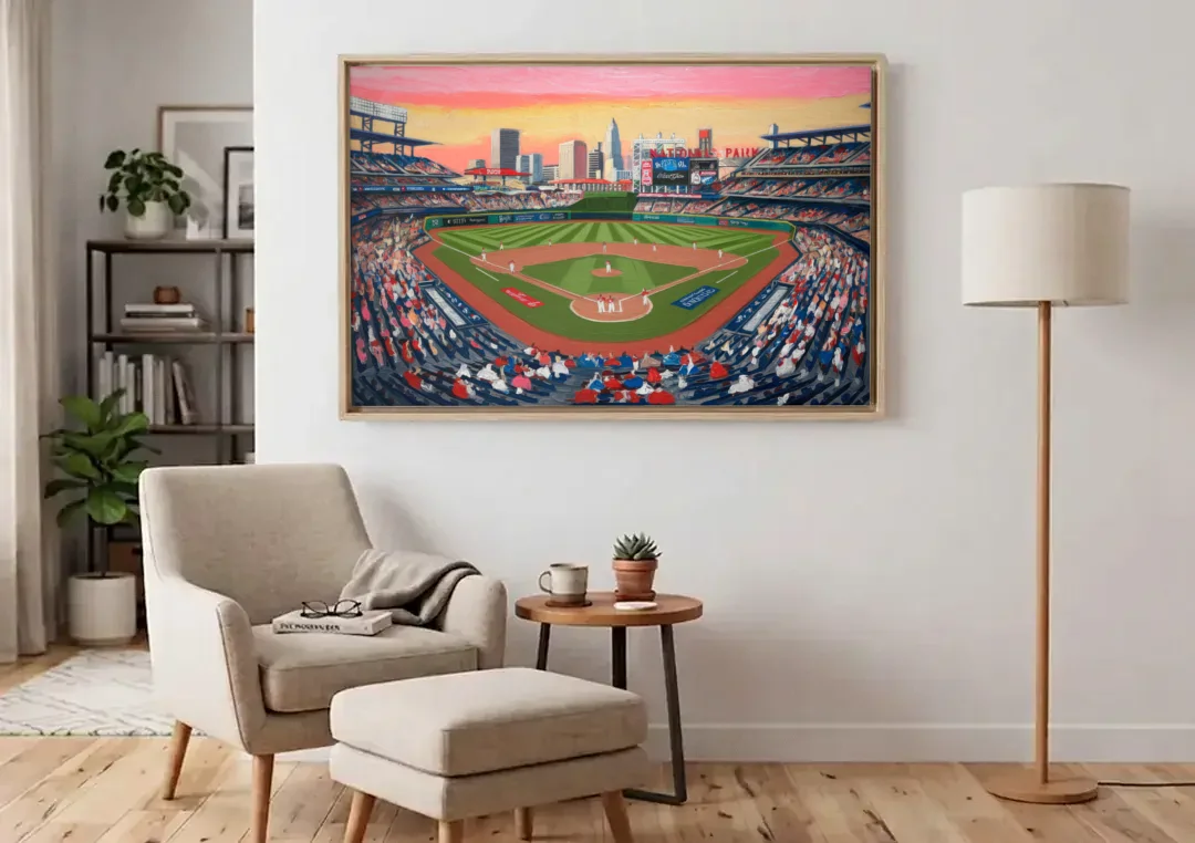 Washington Nationals Baseball canvas wall art above an armchair in a bright living room
