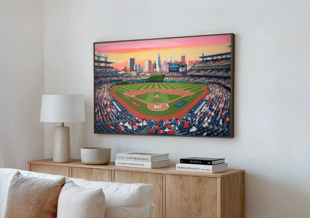 Washington Nationals Baseball canvas wall art above a wooden sideboard next to a sofa