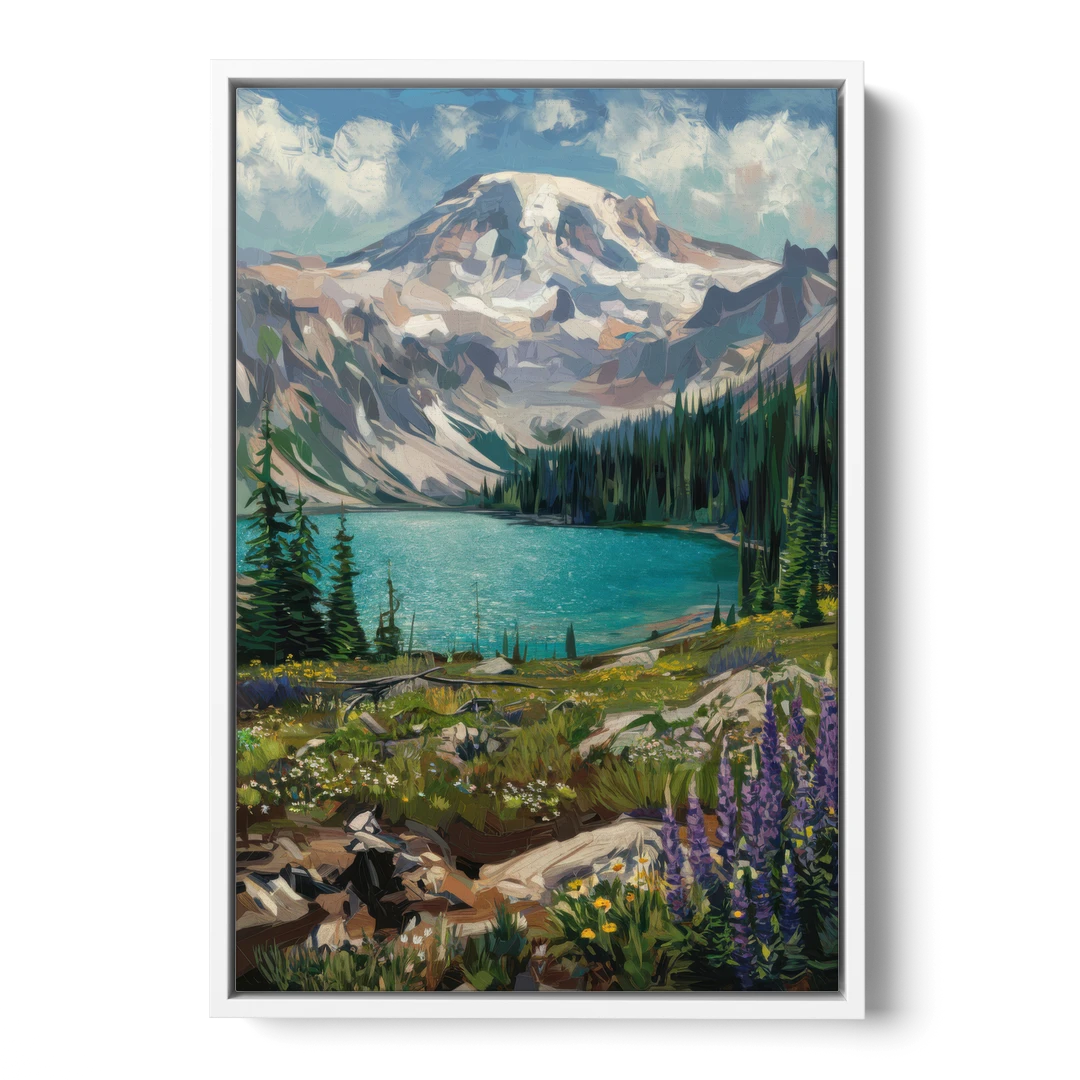 Washington State Mountain View - White Framed Canvas Wall Art - Front