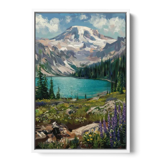 Washington State Mountain View - White Framed Canvas Wall Art - Front