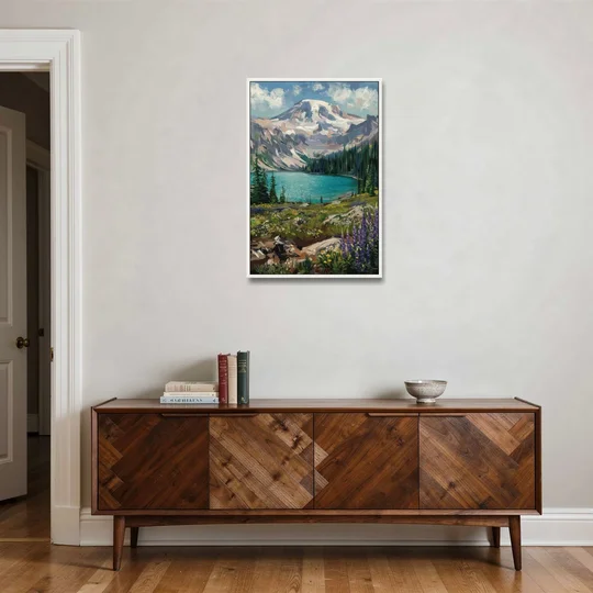 Washington State Mountain View - White Framed Canvas Wall Art - Coffee Table - 24x36