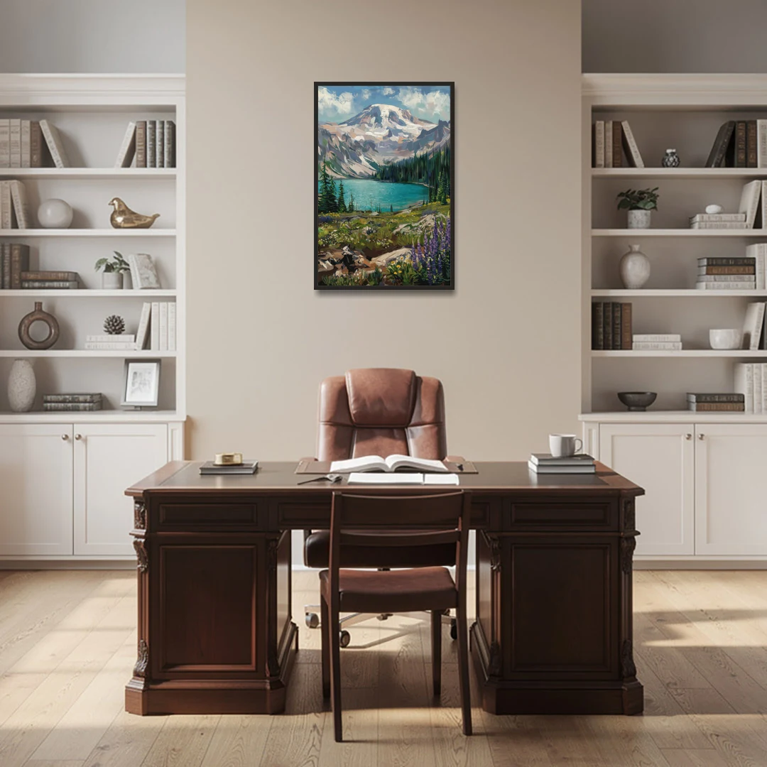 Washington State Mountain View - Black Framed Canvas Wall Art - Office - 24x36