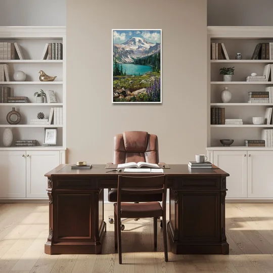 Washington State Mountain View - White Framed Canvas Wall Art - Office - 24x36