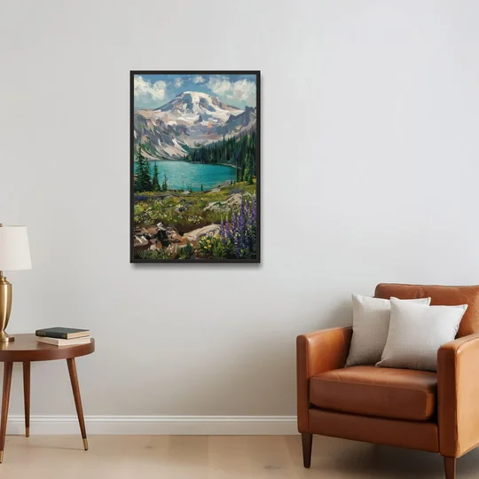 Washington State Mountain View - Black Framed Canvas Wall Art - Sofa - 24x36