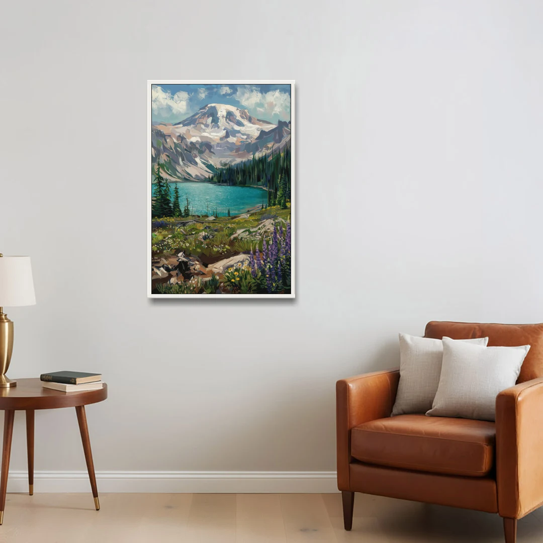 Washington State Mountain View - White Framed Canvas Wall Art - Sofa - 24x36