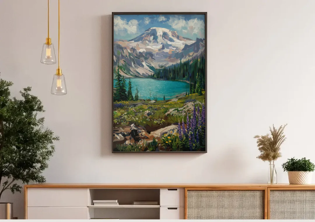 Washington State Mountain View canvas wall art above a wooden sideboard under pendant lights