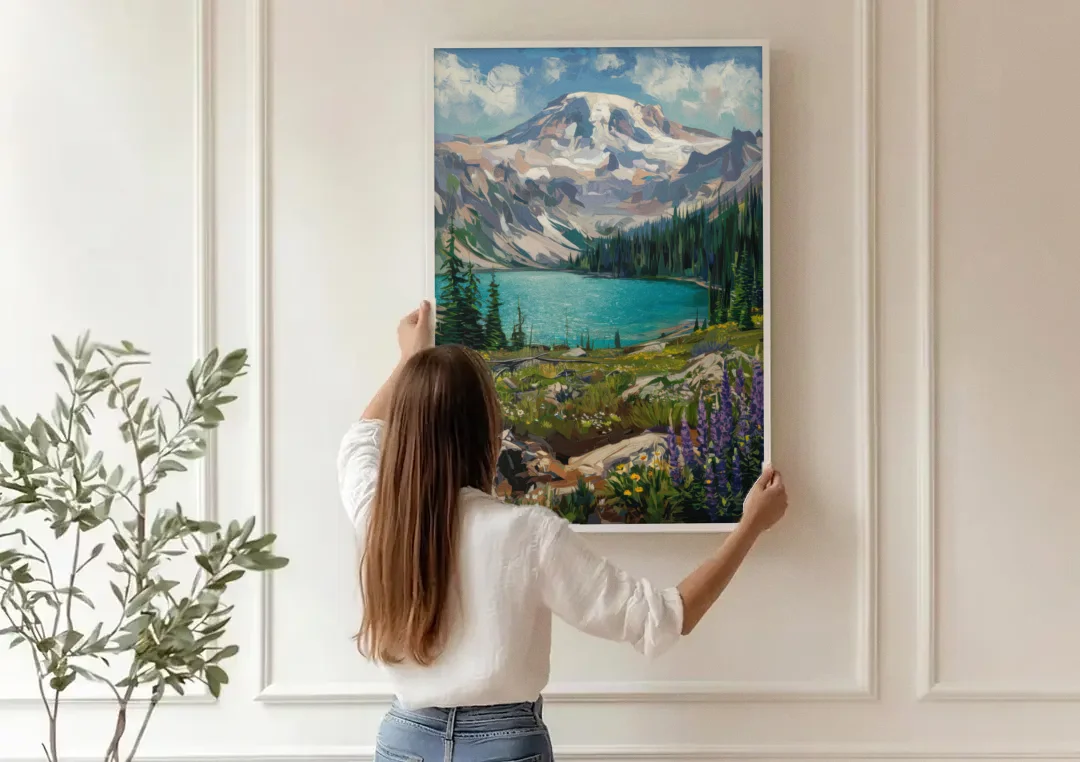 Washington State Mountain View canvas wall art being hung on a paneled wall