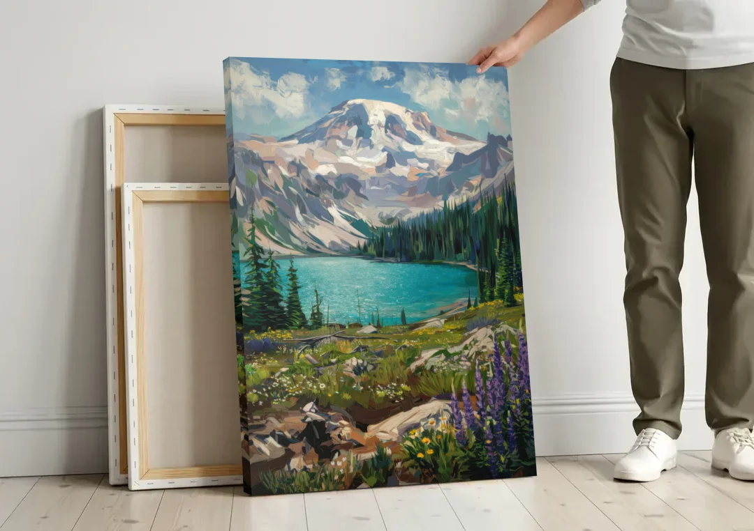Washington State Mountain View canvas wall art leaning against a wall next to blank canvases