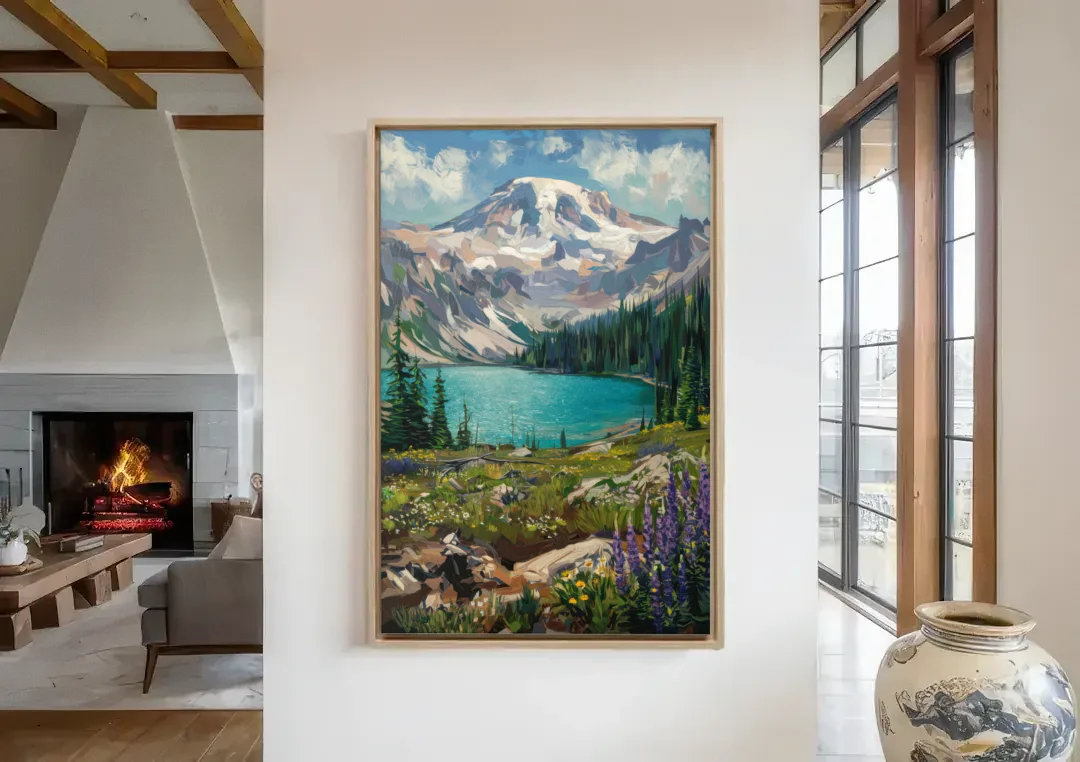 Washington State Mountain View canvas wall art in a living room with a fireplace