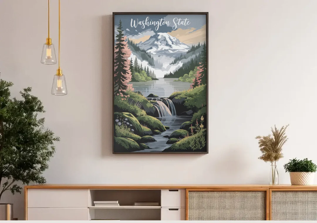 Washington State Nature Scenes canvas wall art above a wooden sideboard under pendant lights