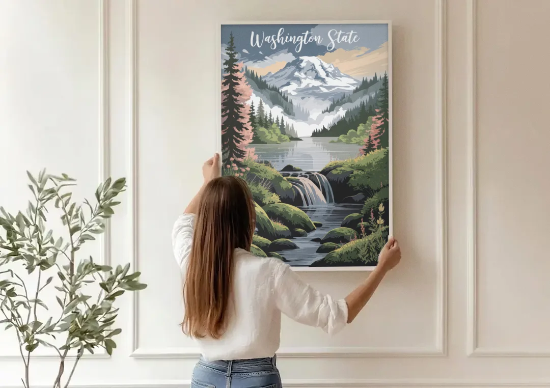 Washington State Nature Scenes canvas wall art being hung on a paneled wall