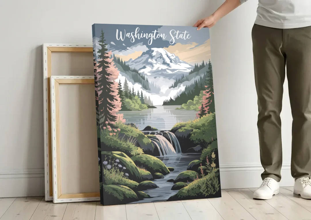 Washington State Nature Scenes canvas wall art leaning against a wall next to blank canvases