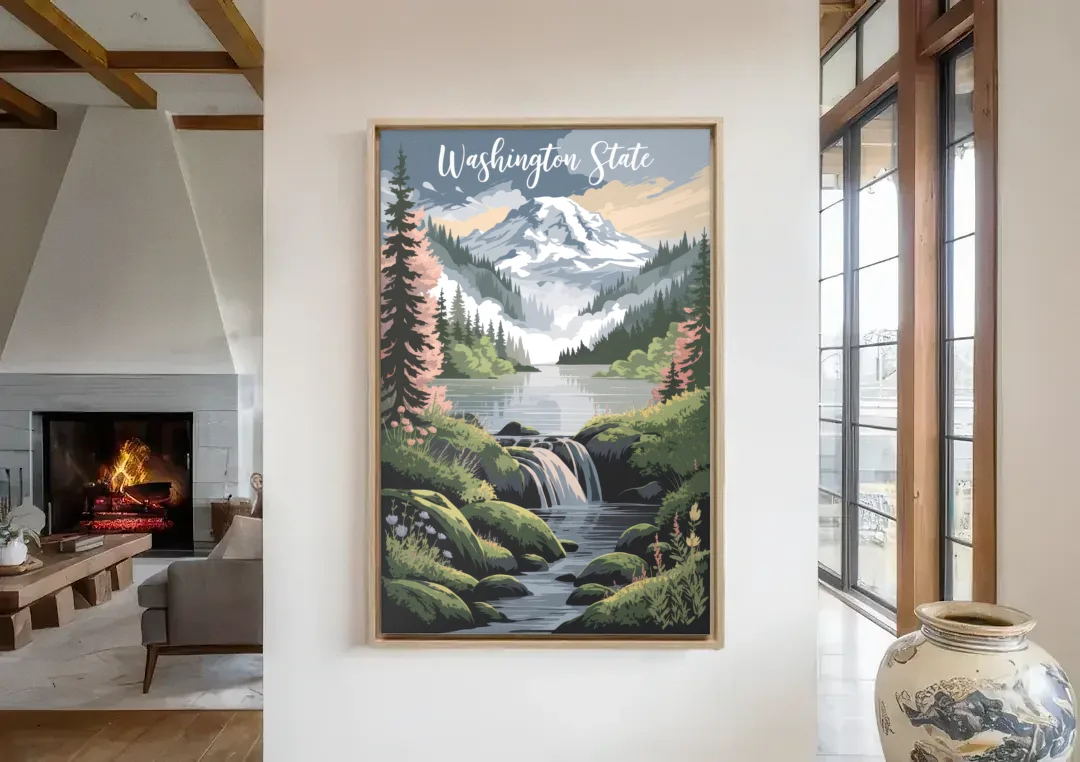 Washington State Nature Scenes canvas wall art in a living room with a fireplace