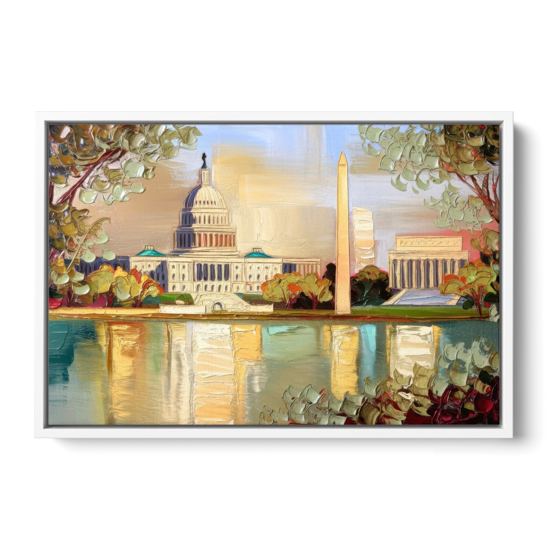 Washington Sunny Cityscapes - White Framed Canvas Wall Art - Front