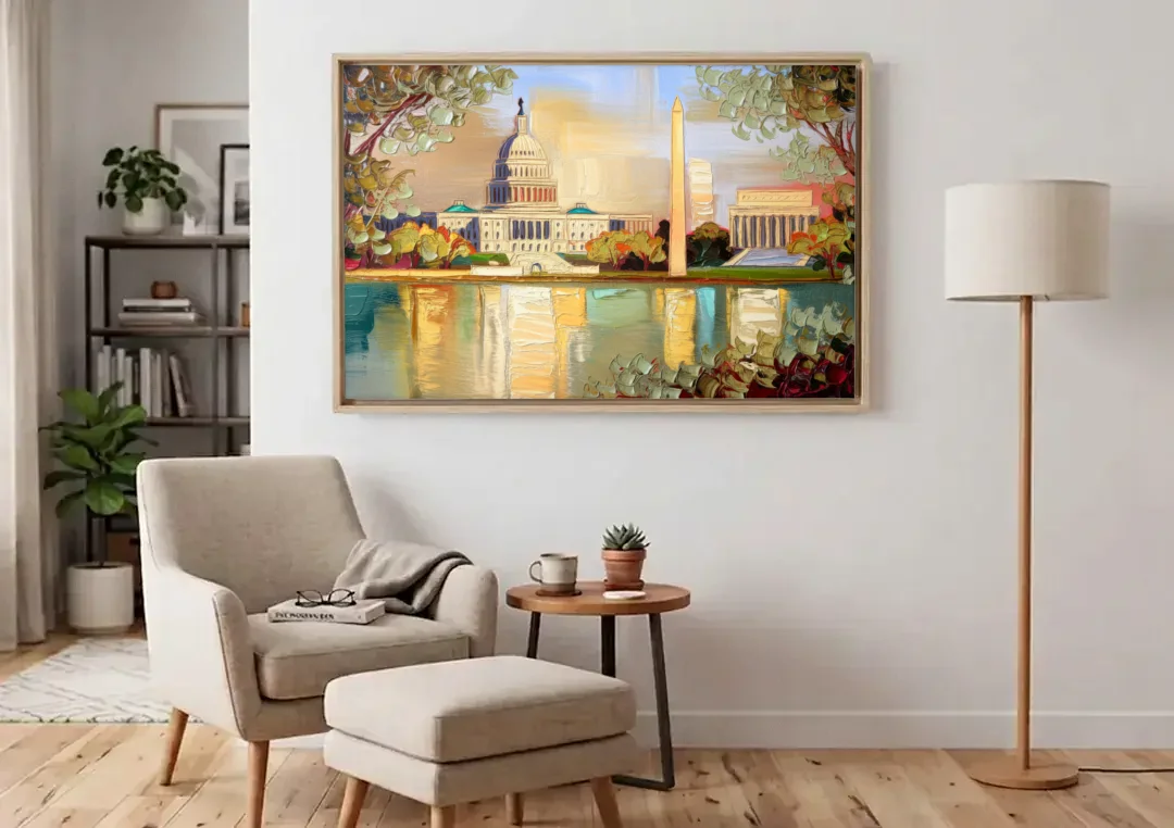 Washington Sunny Cityscapes canvas wall art above an armchair in a bright living room