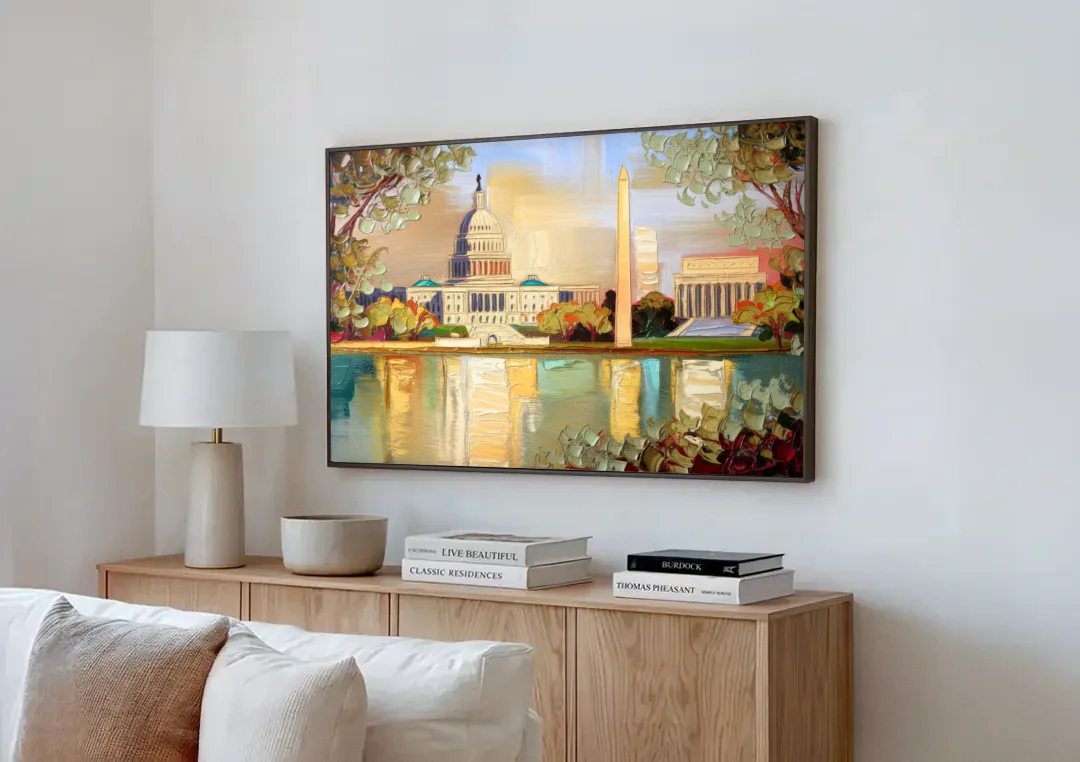 Washington Sunny Cityscapes canvas wall art above a wooden sideboard next to a sofa