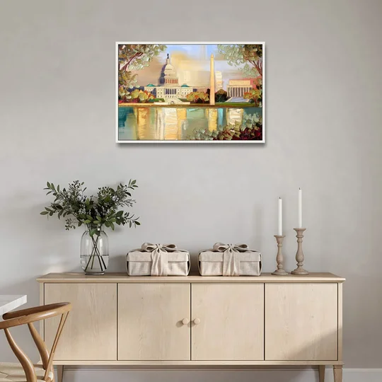 Washington Sunny Cityscapes - White Framed Canvas Wall Art - Coffee Table - 36x24