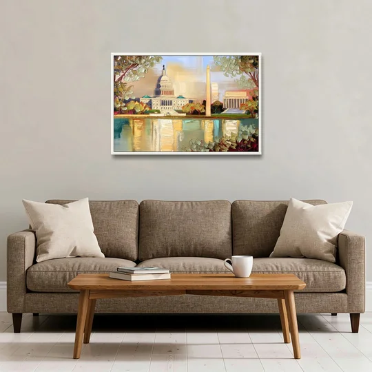 Washington Sunny Cityscapes - White Framed Canvas Wall Art - Sofa - 36x24