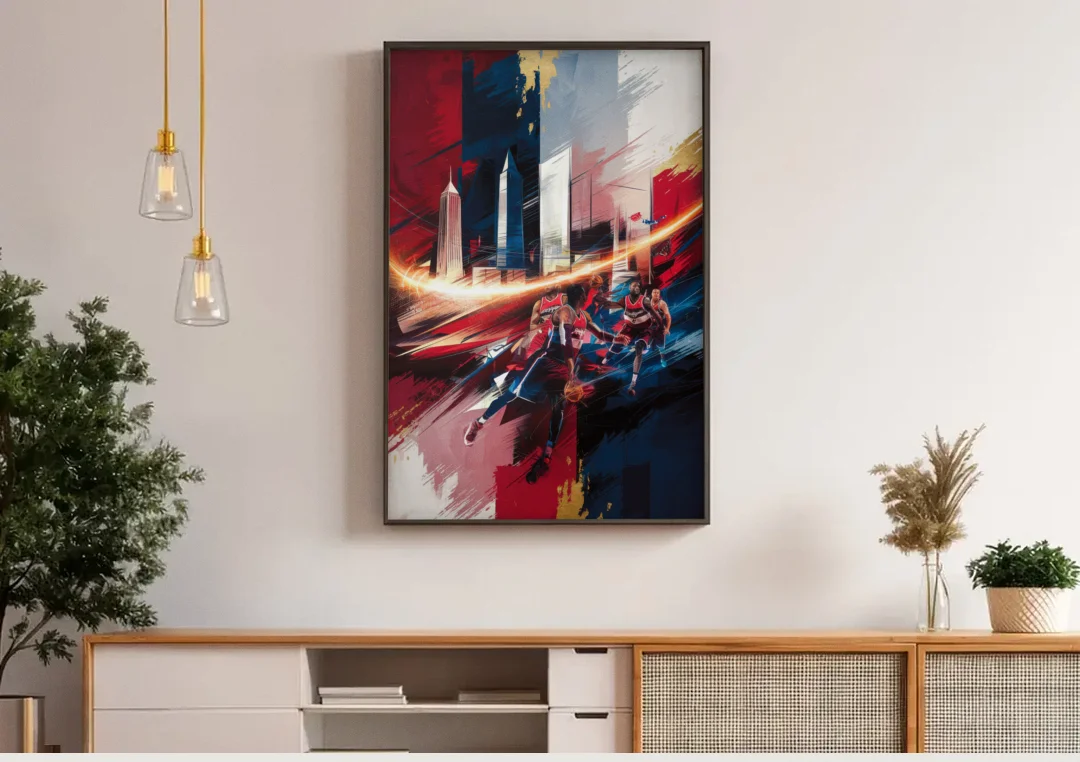 Washington Wizards Basketball canvas wall art above a wooden sideboard under pendant lights