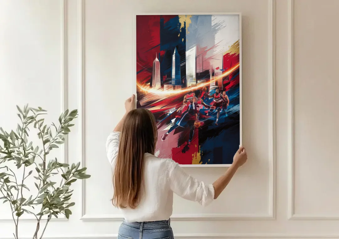Washington Wizards Basketball canvas wall art being hung on a paneled wall