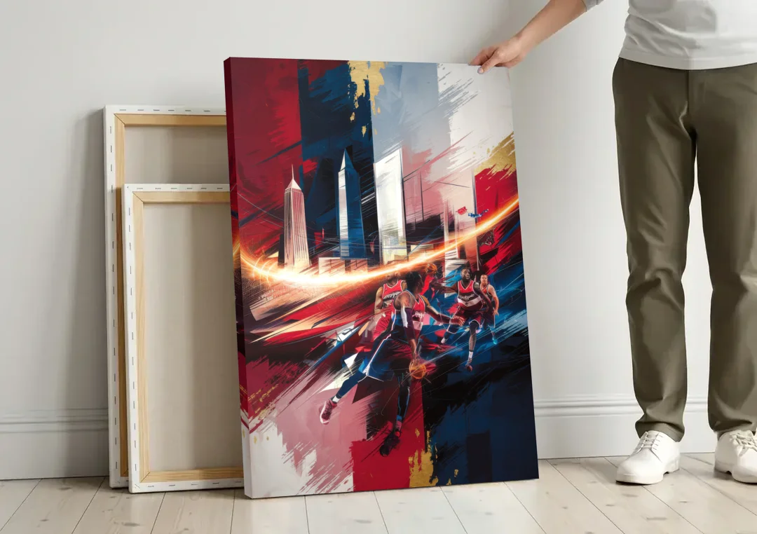 Washington Wizards Basketball canvas wall art leaning against a wall next to blank canvases