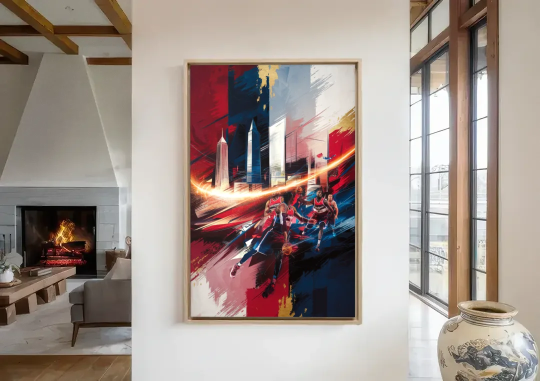 Washington Wizards Basketball canvas wall art in a living room with a fireplace