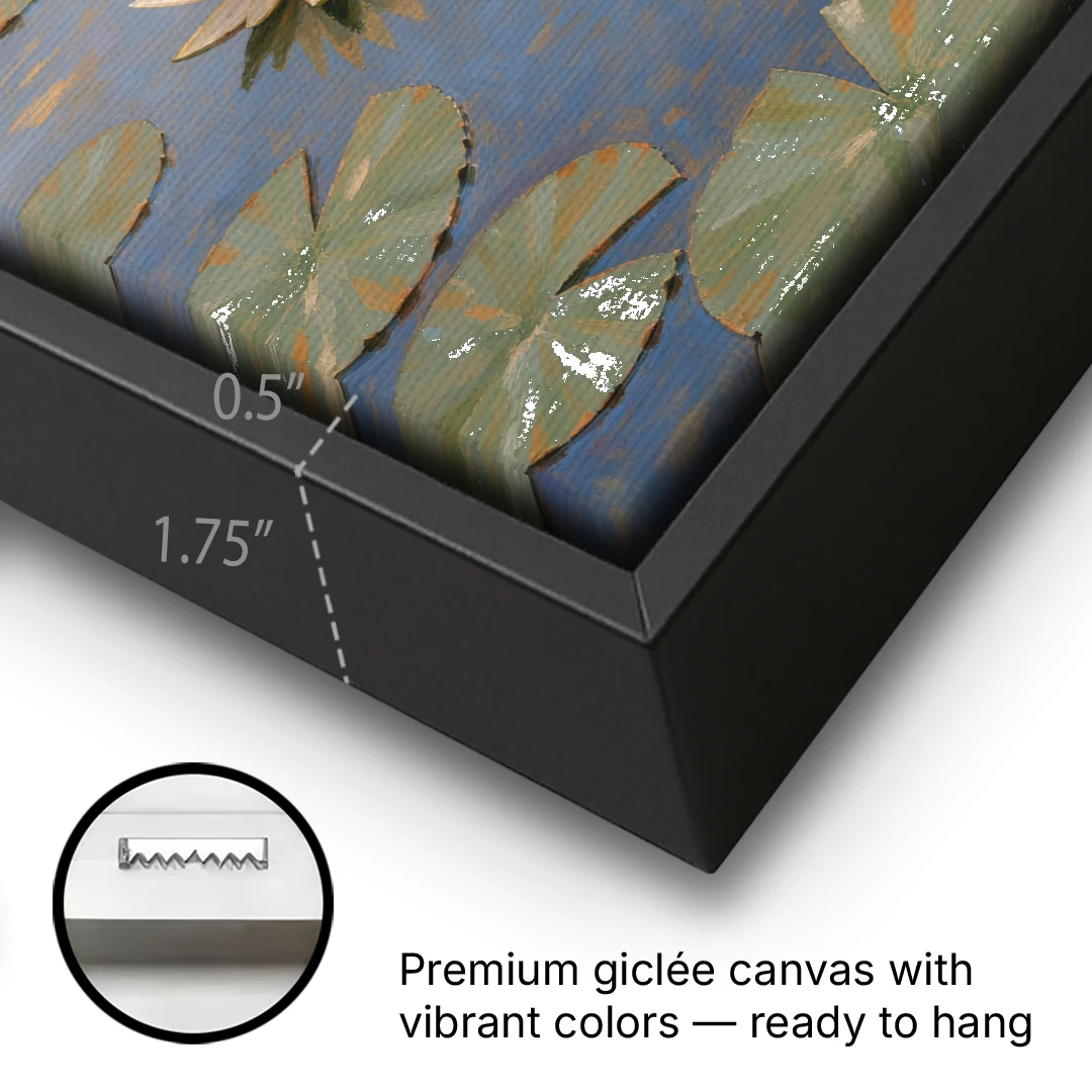 Water Lilies at Golden Hour for the Spa Bathroom - Black Framed Canvas Wall Art - Gallery Wrap Corner