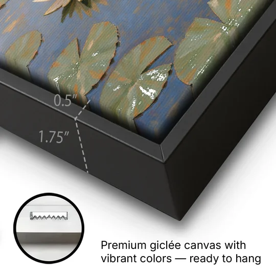 Water Lilies at Golden Hour for the Spa Bathroom - Black Framed Canvas Wall Art - Gallery Wrap Corner