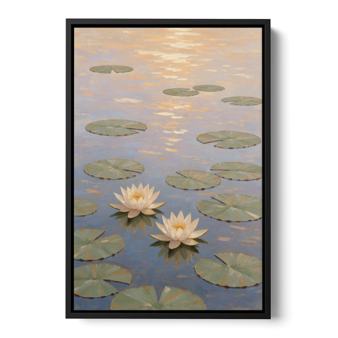 Water Lilies at Golden Hour for the Spa Bathroom - Black Framed Canvas Wall Art - Front