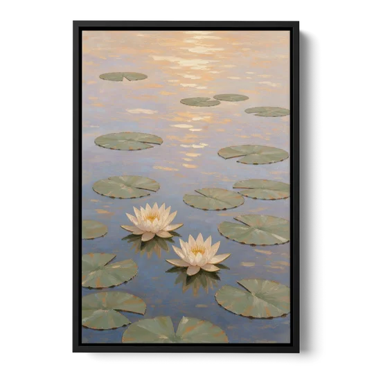 Water Lilies at Golden Hour for the Spa Bathroom - Black Framed Canvas Wall Art - Front