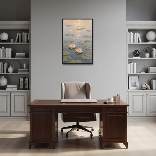 Water Lilies at Golden Hour for the Spa Bathroom - Black Framed Canvas Wall Art - Office - 24x36