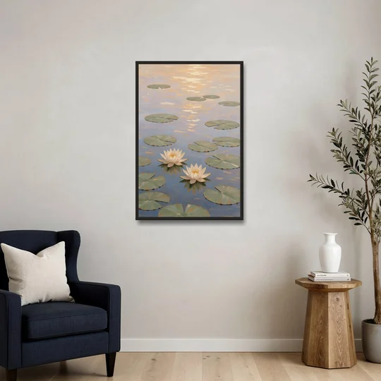 Water Lilies at Golden Hour for the Spa Bathroom - Black Framed Canvas Wall Art - Sofa - 24x36