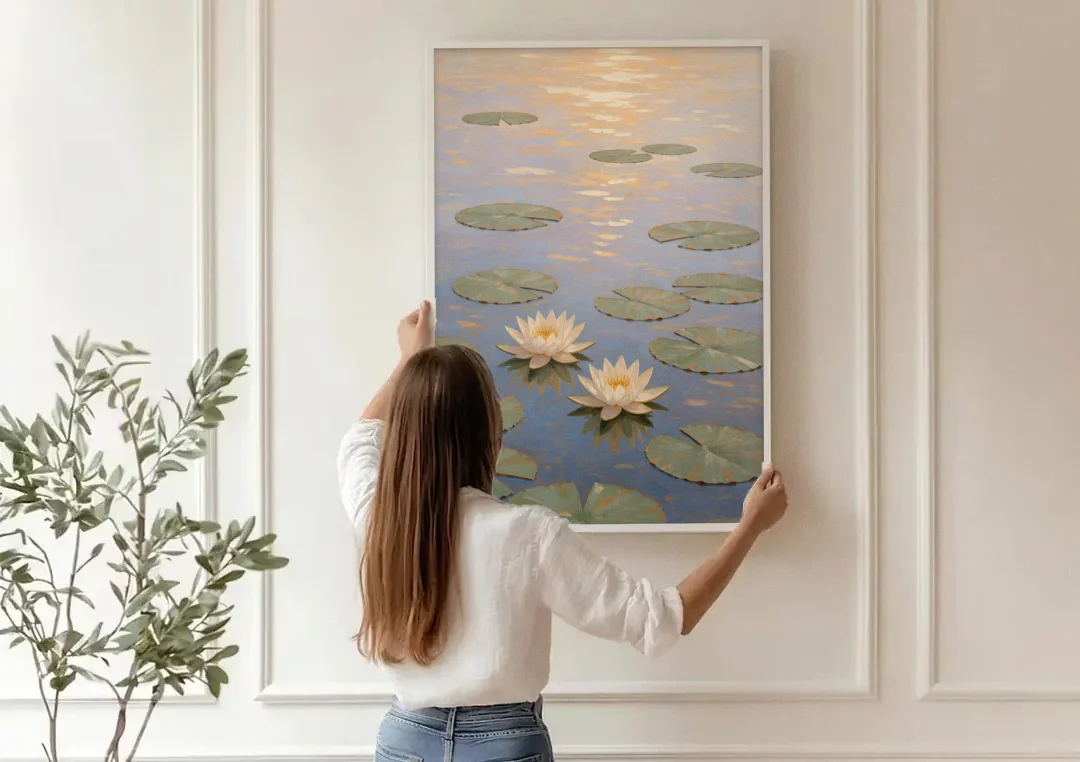 Water Lilies at Golden Hour for the Spa Bathroom canvas wall art being hung on a paneled wall