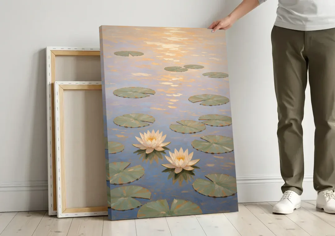 Water Lilies at Golden Hour for the Spa Bathroom canvas wall art leaning against a wall next to blank canvases