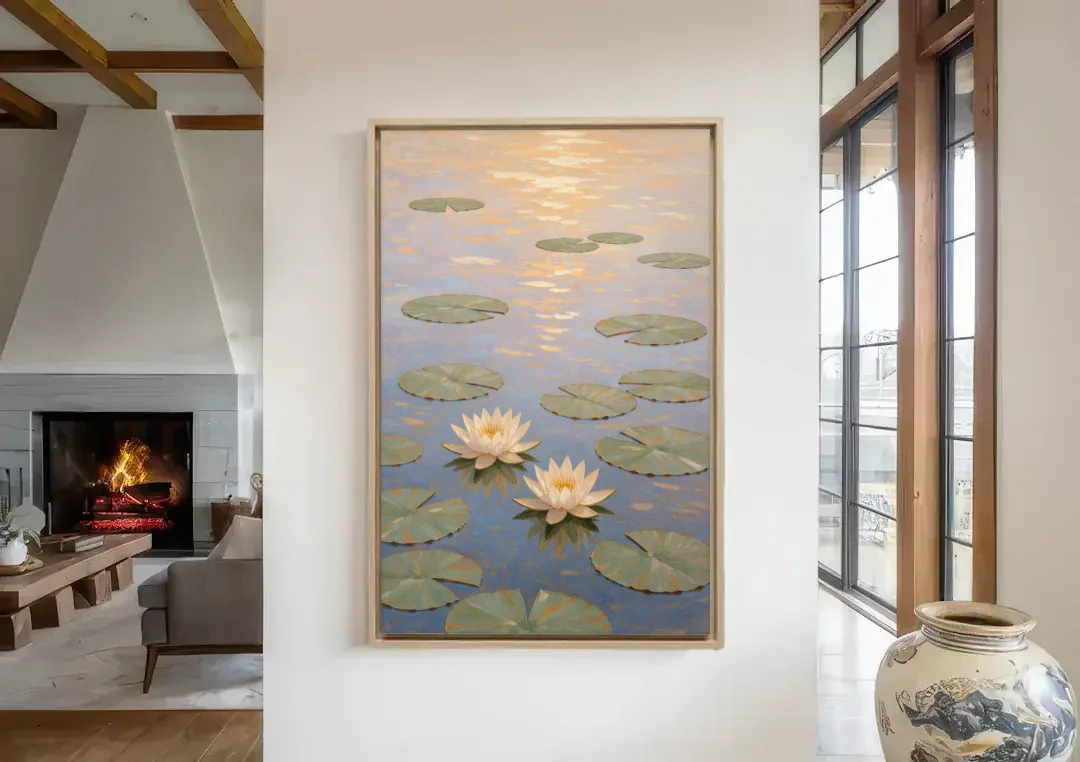 Water Lilies at Golden Hour for the Spa Bathroom canvas wall art in a living room with a fireplace
