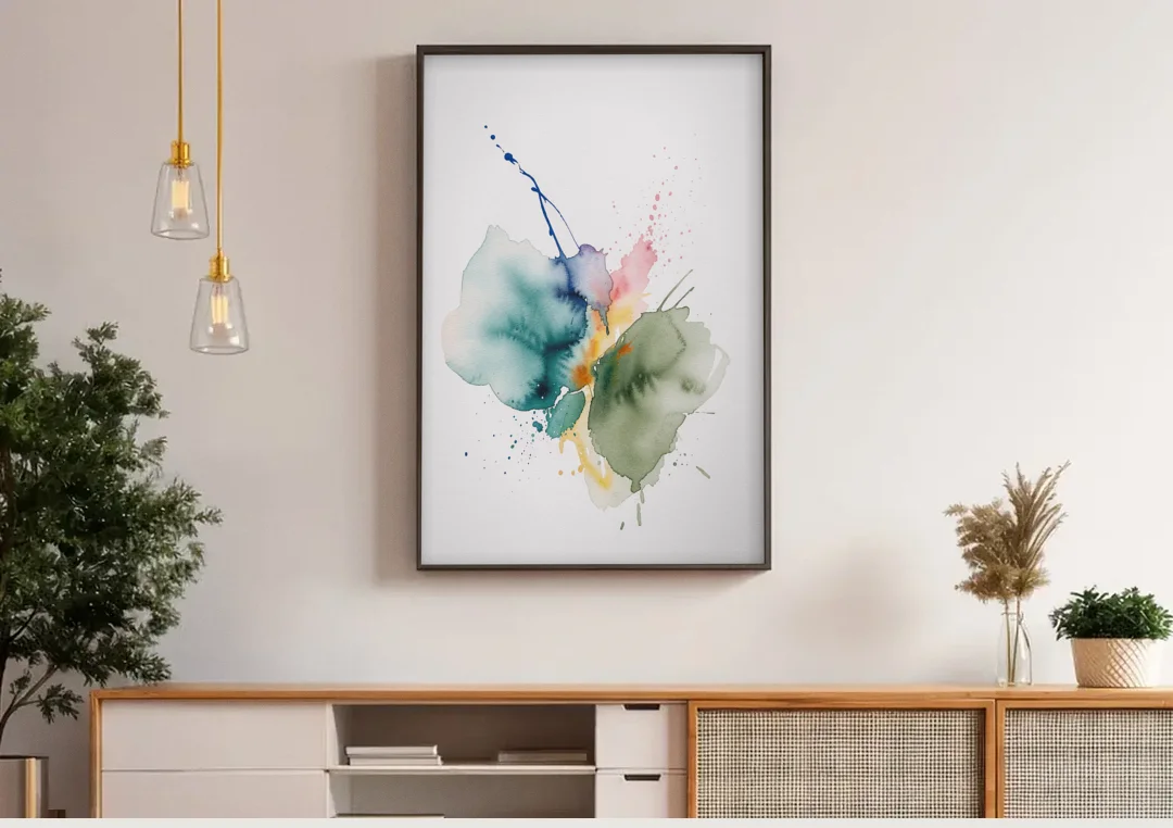 Watercolor Abstract Wall Art in Sage and Teal Pools canvas wall art above a wooden sideboard under pendant lights
