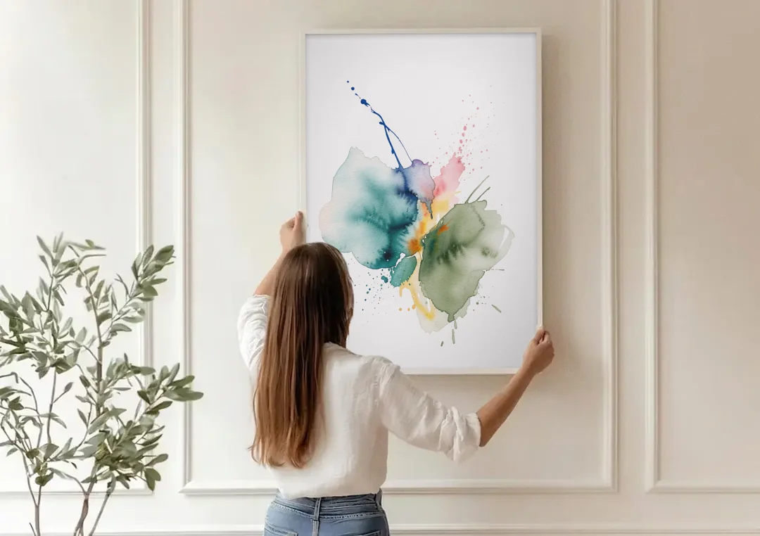 Watercolor Abstract Wall Art in Sage and Teal Pools canvas wall art being hung on a paneled wall