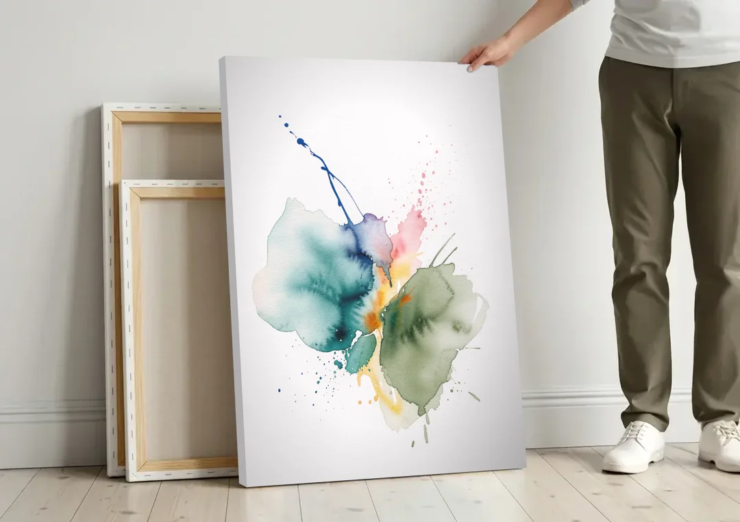 Watercolor Abstract Wall Art in Sage and Teal Pools canvas wall art leaning against a wall next to blank canvases