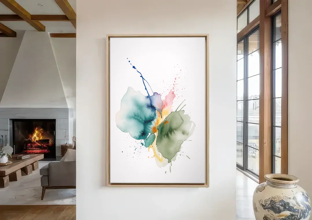 Watercolor Abstract Wall Art in Sage and Teal Pools canvas wall art in a living room with a fireplace