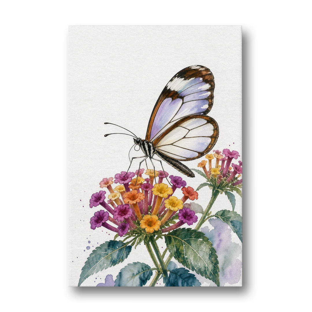 Watercolor Butterfly Painting of a Glasswing on Lantana - Canvas Wall Art - Front