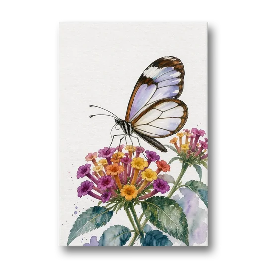 Watercolor Butterfly Painting of a Glasswing on Lantana - Canvas Wall Art - Front