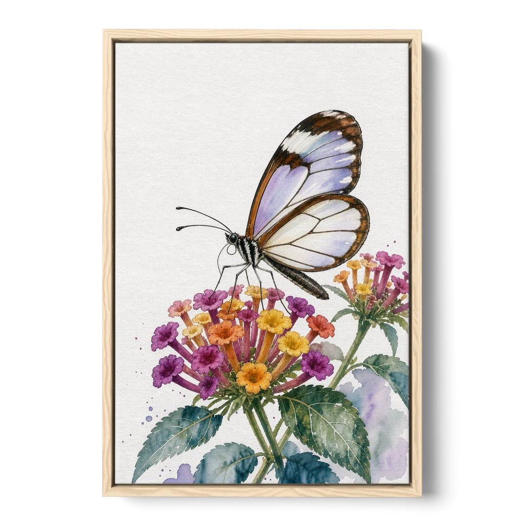 Watercolor Butterfly Painting of a Glasswing on Lantana - Oak Framed Canvas Wall Art - Front