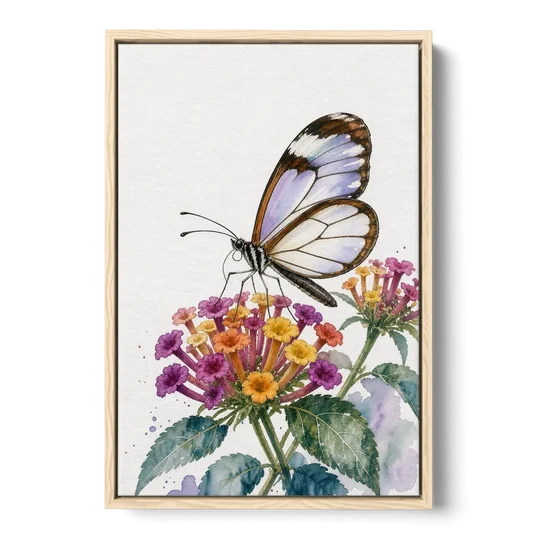 Watercolor Butterfly Painting of a Glasswing on Lantana - Oak Framed Canvas Wall Art - Front