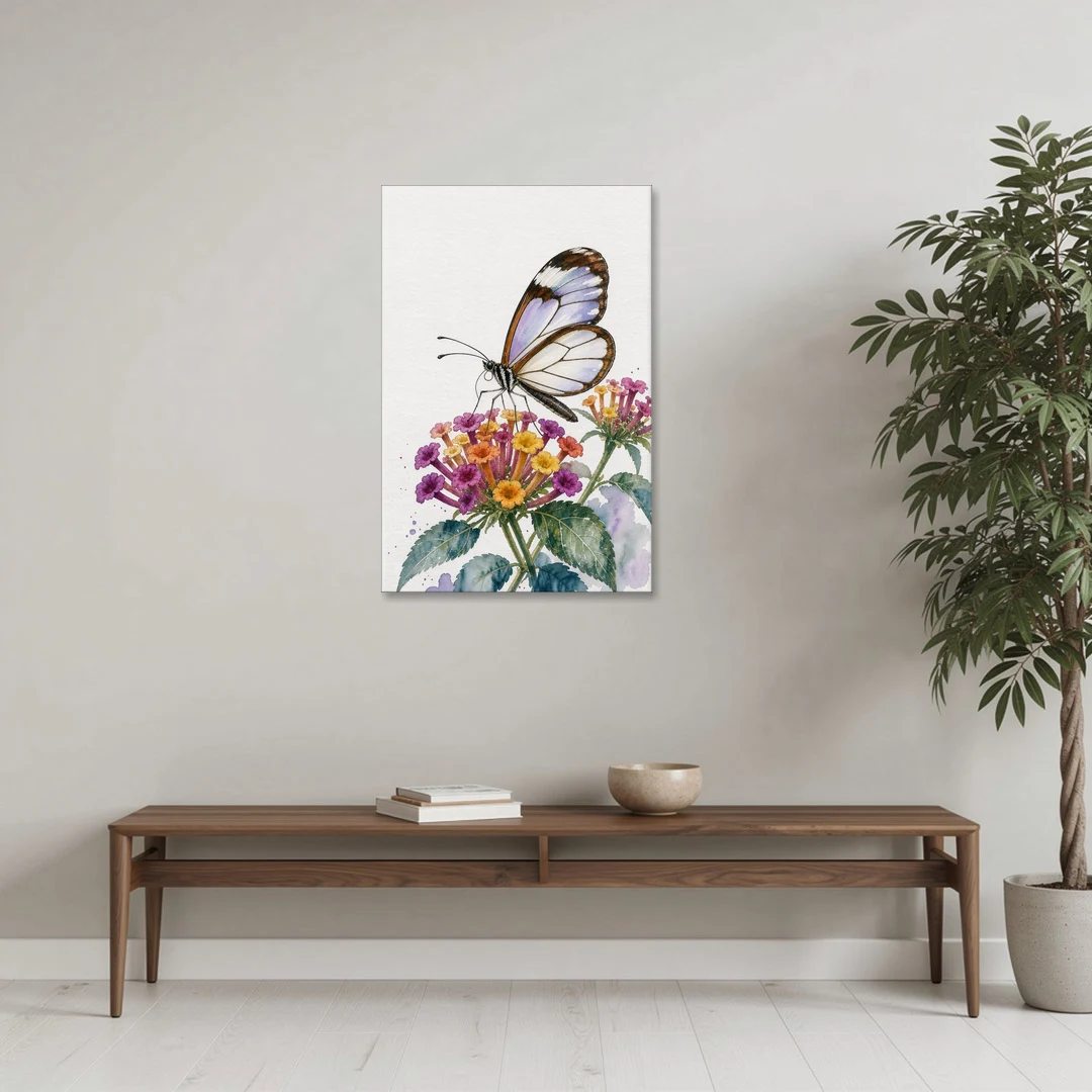 Watercolor Butterfly Painting of a Glasswing on Lantana - Canvas Wall Art - Coffee Table - 24x36