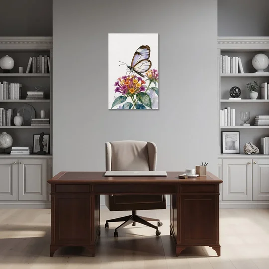Watercolor Butterfly Painting of a Glasswing on Lantana - Canvas Wall Art - Office - 24x36