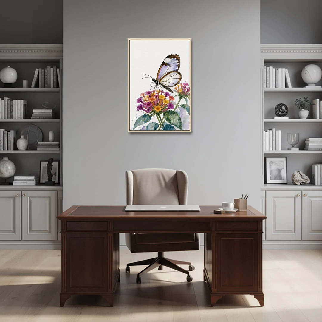Watercolor Butterfly Painting of a Glasswing on Lantana - Oak Framed Canvas Wall Art - Office - 24x36