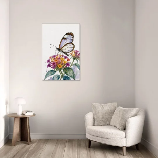 Watercolor Butterfly Painting of a Glasswing on Lantana - Canvas Wall Art - Sofa - 24x36