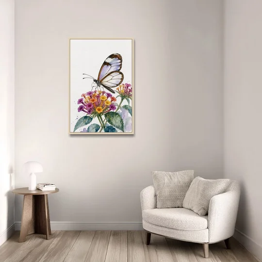 Watercolor Butterfly Painting of a Glasswing on Lantana - Oak Framed Canvas Wall Art - Sofa - 24x36