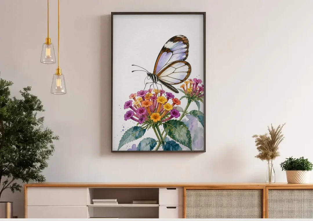 Watercolor Butterfly Painting of a Glasswing on Lantana canvas wall art above a wooden sideboard under pendant lights