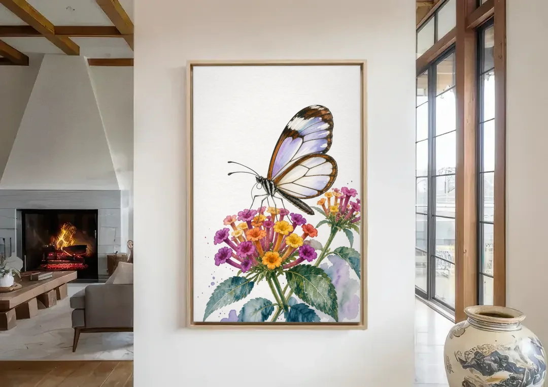 Watercolor Butterfly Painting of a Glasswing on Lantana canvas wall art in a living room with a fireplace